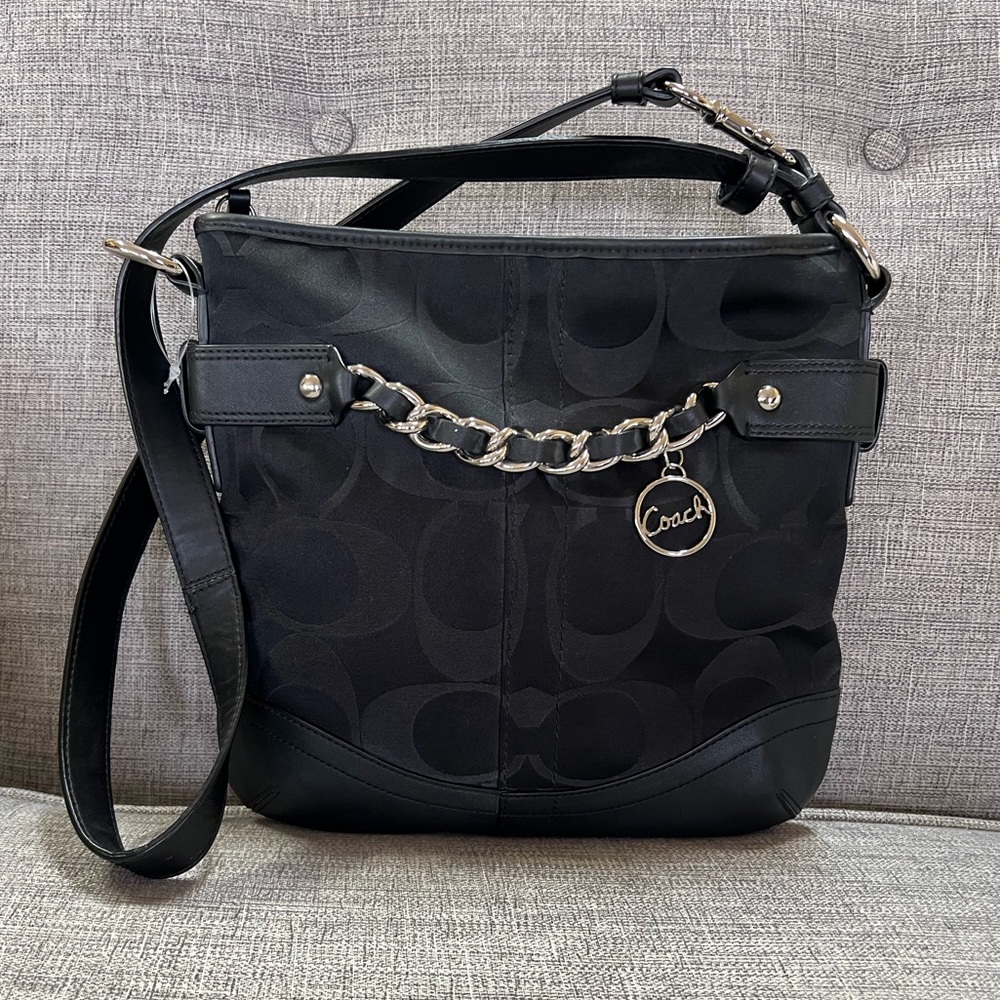 Coach Signature C Optic Chain Canvas Cow Leather Two Way Crossbody Shoulder Bag